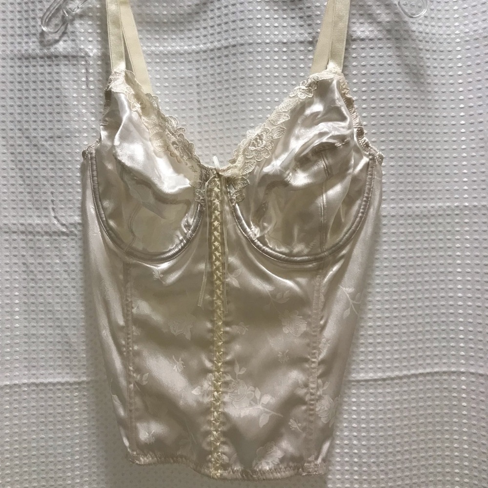 Cream colored brocade satin and lace corset.